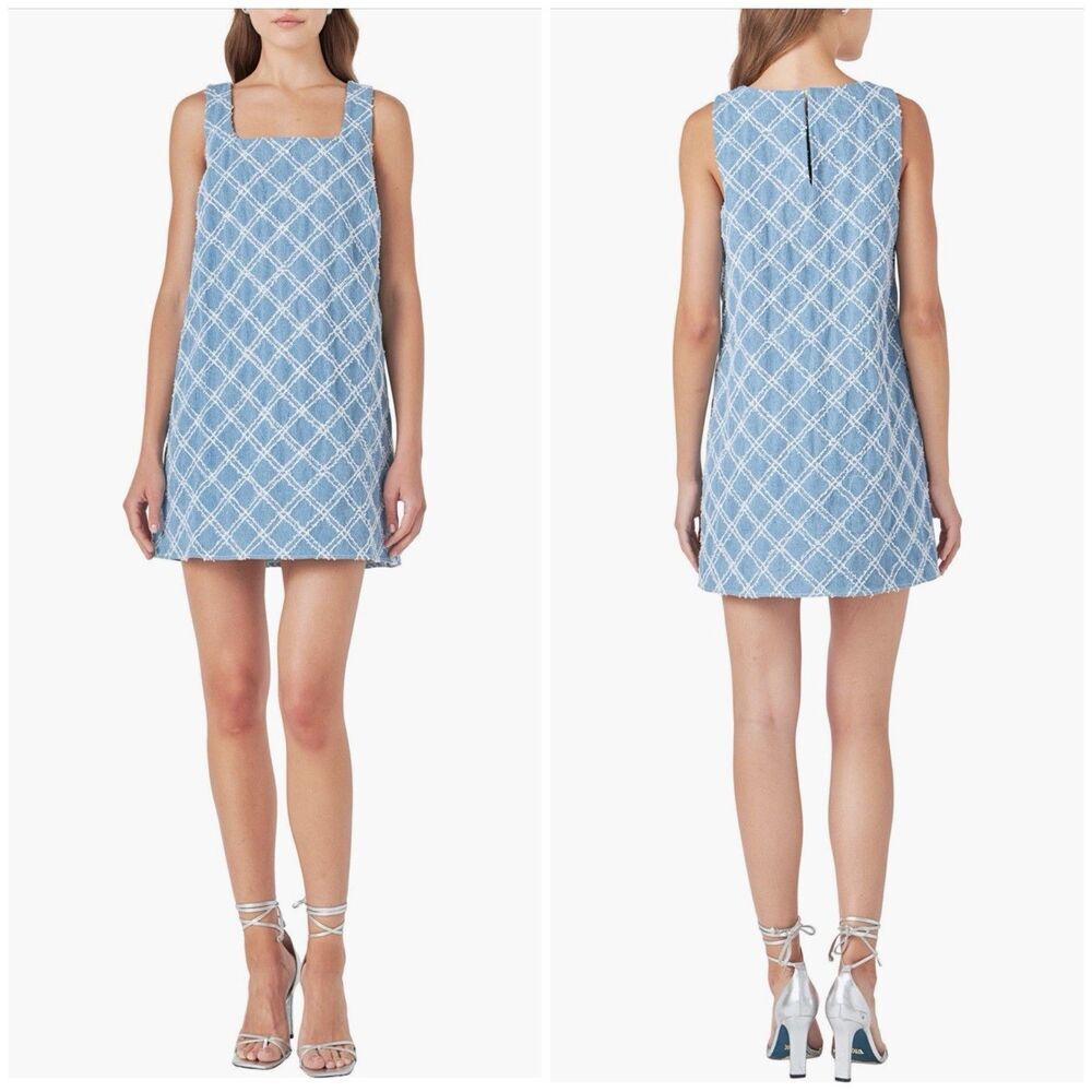 Endless Rose Light Blue and White Plaid Square Neck Mini Dress